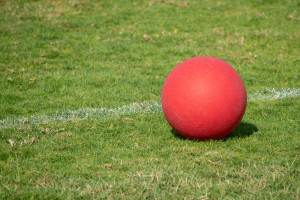Red Playground ball on the green grass.